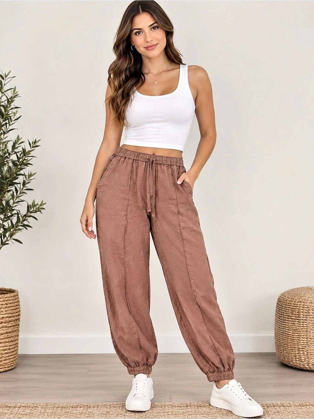 Cynthia Rowley Linen Jogger Drawstring Pockets Pants in Dusty Rose Size Small